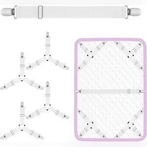 5 Pcs. White Bed Sheet Straps Fasteners Set Elastic & Metal Clamps for Sheets